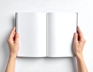 Two hands hold a blank, open book against a white background (1)