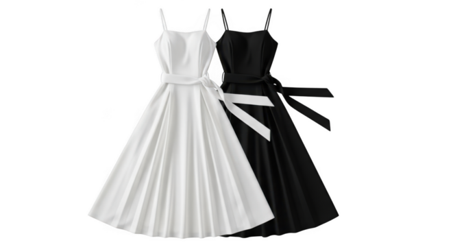 Two elegant dresses, one white and one black, with matching sashes tied in bows, presented sidebyside isolated on a transparent background