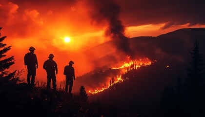 Firefighters observe a forest fire at sunset.