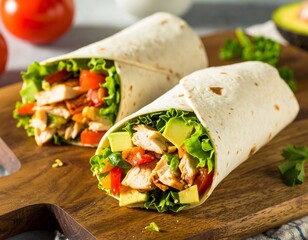 Close-up of a clean eating wrap with grilled chicken, lettuce, tomato, and avocado. Fresh, colorful layers, appetizing and healthy.