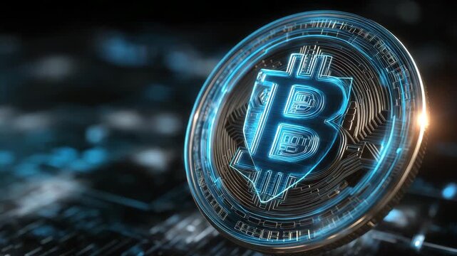A blue coin with the letter B on it. The coin is on a black background. Bitcoin coin with glowing blue lock and shield overlay, crypto law, futuristic sci-tech style