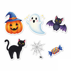 Sticker sheet with 6 whimsical Halloween icons, oil paste children’s painting style, colorful pastel palette, plain white background