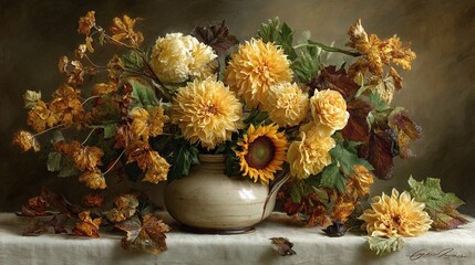 Thanksgiving-themed flower arrangement centerpiece with warm-toned ikebana featuring sunflowers, chrysanthemums, autumn leaves in ceramic vase on dining table, illuminated by golden sunlight
