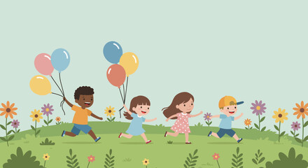 Obraz premium Cheerful Children Running with Balloons in a Park.