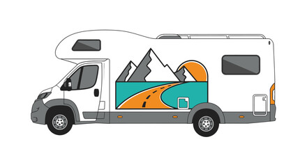 rv campervan logo design mountain road sunset graphic for adventure travel businesses websites and branding
