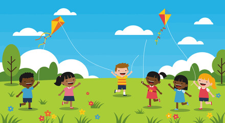 Obraz premium Children Playing with Kites on a Sunny Day.