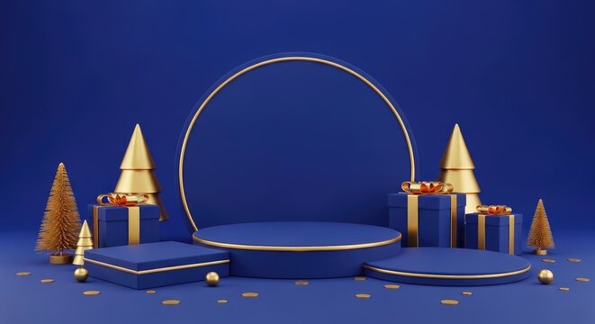 Blue Podium with Golden Trees, Gifts, and Accents on a Dark Blue Background