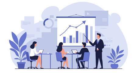 Business Presentation with Charts and Audience Illustration.