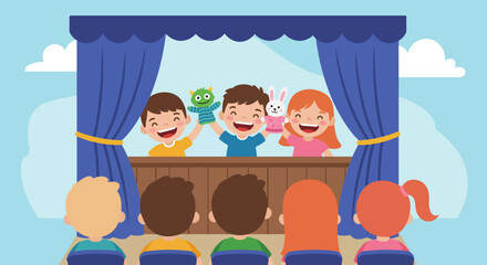Children Performing Puppet Show with Audience Watching.