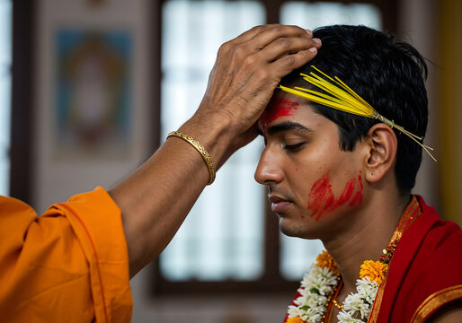 Macro Close Up of Elder Applying Red Tika and Yellow Jamara on Younger Forehead During Dashain Ceremony