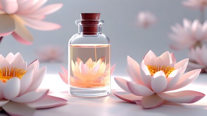 Lotus essential oil featuring lotus flowers against a white backdrop