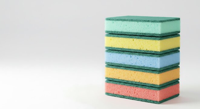 A vibrant stack of colorful kitchen sponges on a clean white background. - Powered by Adobe
