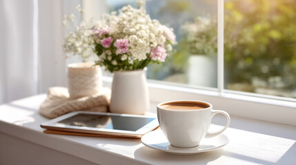 Obraz premium Bright and airy morning setup with cup of coffee, tablet, and flowers on windowsill, creating cozy and inviting atmosphere for relaxation and productivity