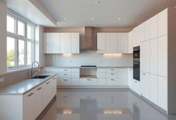 Empty kitchen in new residential house, ready for appliances, flooring, modern