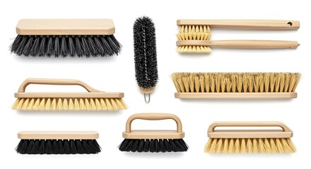Collection of various wooden cleaning brushes with different bristle types.