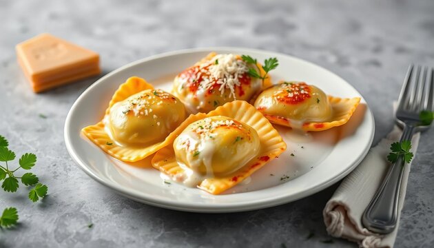 Golden brown ravioli with parmesan & parsley, creamy Alfredo sauce,  creamy,  top view