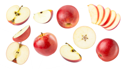 set of red apple with slice on transparent background.