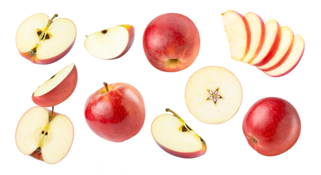 set of red apple with slice on transparent background.