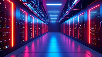 A contemporary server room featuring a corridor in a data center filled with supercomputer racks, neon lighting, and air conditioning units. 3D rendered illustration

