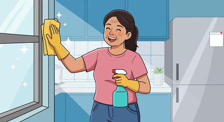 Smiling Woman Cleaning Window with Spray Bottle and Cloth.
