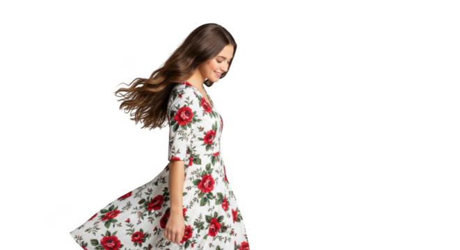 Beautiful young woman wearing a floral print dress, isolated on transparent background, with her hair blowing and a joyful expression