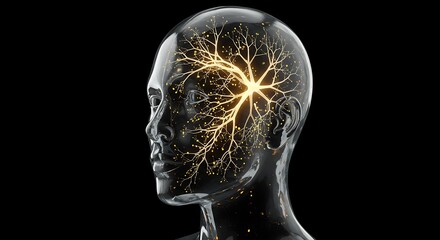 A transparent human head reveals a glowing neural network inside This represents artificial intelligence consciousness and the inner workings of the mind.