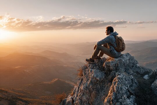 Thoughtful Man Adventure: Serene Moments Alone on Mountain Top