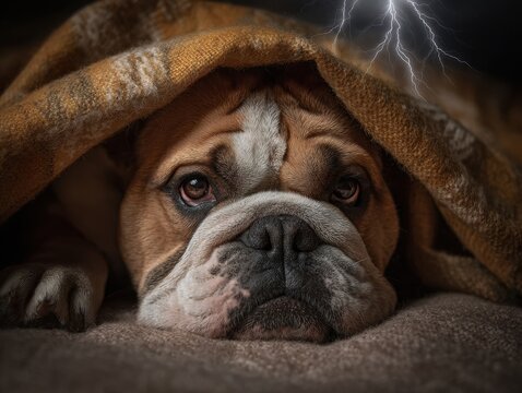 The Dog's Mental Health: Bulldog Afraid of Thunderstorm, Hiding Under Blanket