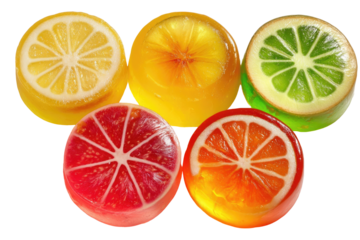 Fruit-shaped soaps in a symmetrical arrangement.  Four round soaps, each a different citrus fruit slice, are positioned in a starburst pattern, resembling a stylized Olympic logo