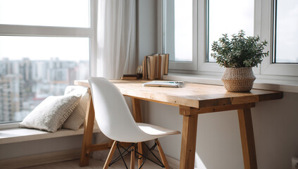 Obraz premium Cozy home office corner with a wooden desk and chair by a large window