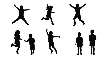 Silhouettes of happy children jumping and playing together in various poses