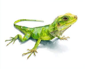 Watercolor Lizard. Closeup Isolated Lizard with Green Tail in Tropical Island Setting