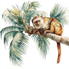 Fototapeta premium Watercolor Monkey. Tropical Jungle Monkey on Palm Tree Branch in Exotic Paradise
