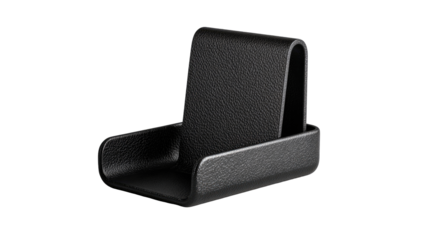 Sleek black leather phone stand, angled, minimal design