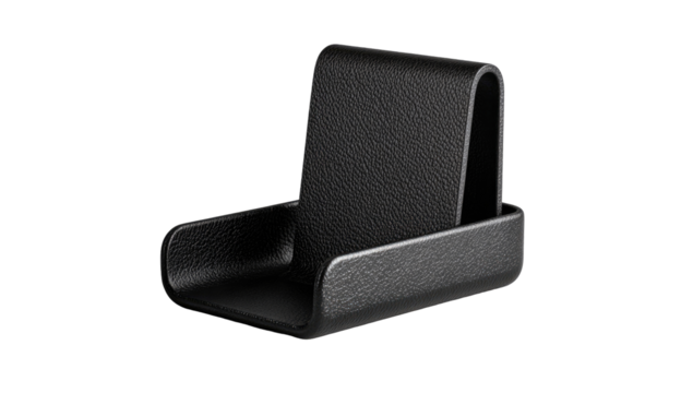 Sleek black leather phone stand, angled, minimal design