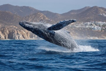 Whale California. Humpback Whale Breaching in Cabo San Lucas. Ocean Wildlife
