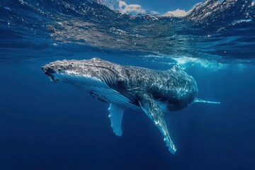 Naklejka premium Whale Photo. Baby Humpback Whale Playing in French Polynesia Waters