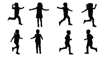 Silhouettes of children running and playing in various dynamic poses