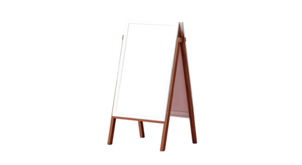 A blank, vertical easel, light-wood frame
