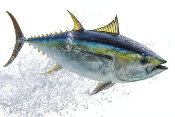Naklejka premium Yellowfin Fish. Fast Motion Yellowfin Tuna Jumping in Isolated Background