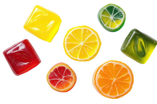 Colorful fruit-shaped hard candies arranged in a pattern