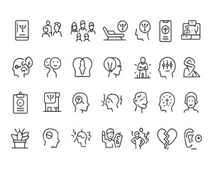 Set of outline icons related to psychology. Linear icon collection