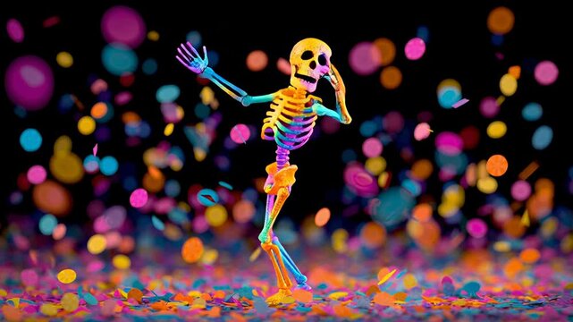 Colorful skeleton dancing with vibrant confetti falling around black background, festive lively Halloween celebration party scene