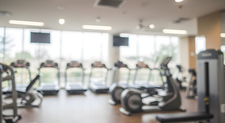 Modern gym with treadmills and cardio machines in bright interior, blurred background.