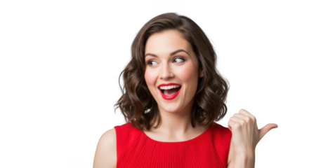 Excited young woman with wavy brown hair, wearing a red top, pointing to the side with her thumb, isolated on transparent background