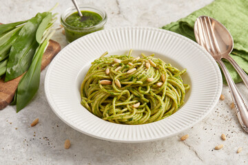 Spaghetti with wild garlic pesto