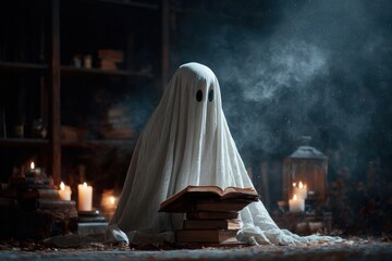 Haunting apparition reading ancient texts dimly lit library paranormal scene mysterious atmosphere ghostly perspective