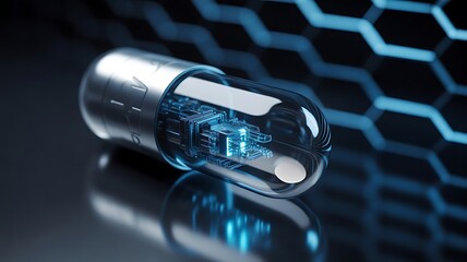 Futuristic glowing microchip inside a glass capsule