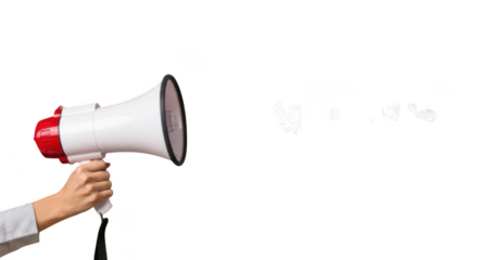 Hand holding a white and red megaphone isolated on transparent background, concept for announcement and communication