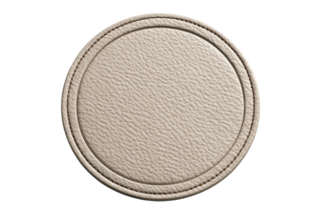 Circular light beige leather coaster.  Precisely detailed, round, and simple.  Double-stitched border